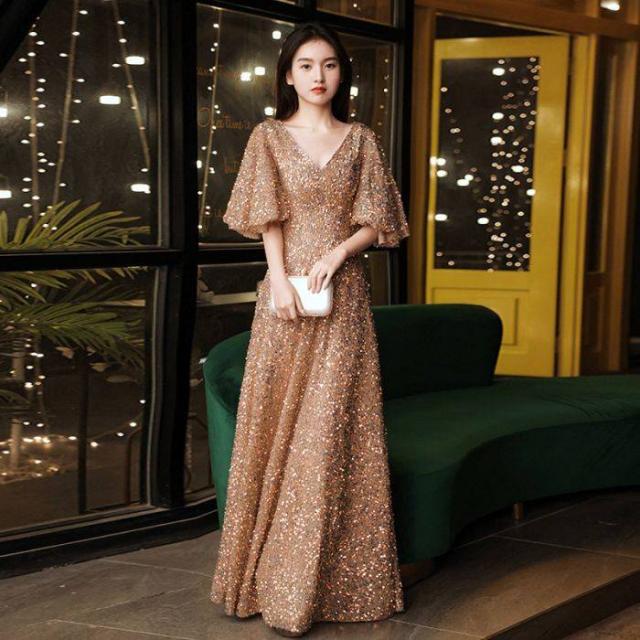 イブニングドレス バンケットスパンコール Vネット 金色 キラキラ 着?せ 2024 新しい ロングドレス 演奏会 エレガント パーティー 成人式の通販は 7,793円