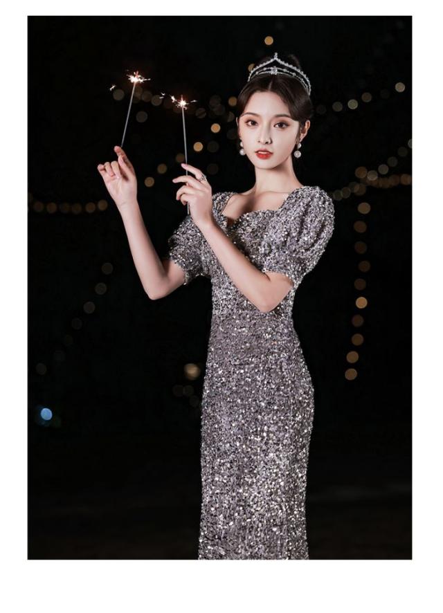 マーメイドドレス イブニングドレス 銀色 バンケットスパンコール