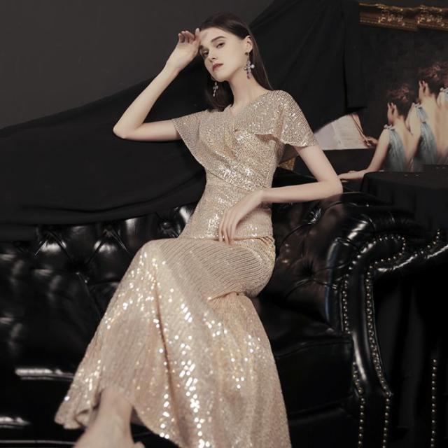 マーメイドドレス イブニングドレス シャンパン バンケットスパンコール 演奏会 エレガント 着?せ 気品 ロングドレス 結婚式 パーティー 成人式 マーメイドドレス イブニングドレス シャンパン バンケット