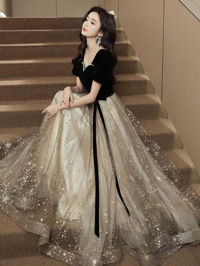 Aラインドレス 夏新品 切り替え柄 ブラック シャンパン 忘年会 イブニングドレス お洒落 豪華ドレス 演奏会 エレガント 着?せ 気品 ロングドレス 結婚式 パーティー 成人式