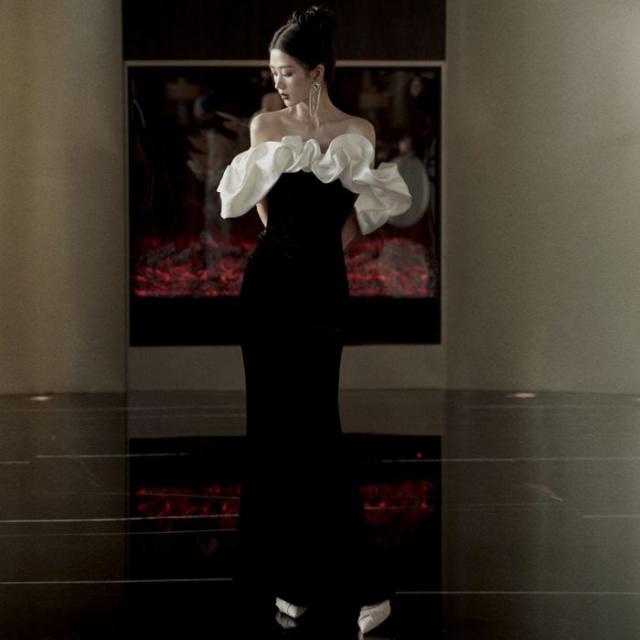 イブニングドレス ブラックドレス vネット 豪華ドレス フランス風 新作品 忘年会 レディース お姫系 ロングドレス パーティー成人式大人気