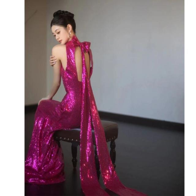 バンケットスパンコールイブニングドレス マーメイドドレス レディース  セクシー ロングドレス ローズ色 刺? パーティー 大人っぽい 大人気の通販は