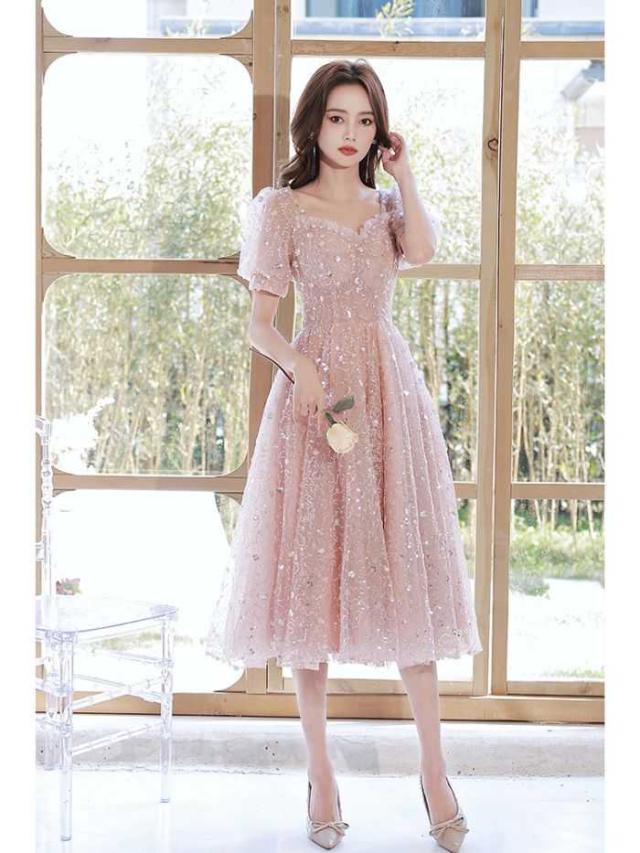イブニングドレス女性2024新品宴会気質安い普段着ることができる誕生日パーティースカートショートピンク_1