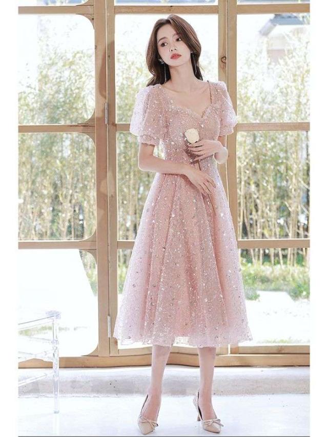イブニングドレス女性2024新品宴会気質安い普段着ることができる誕生日パーティースカートショートピンク_2