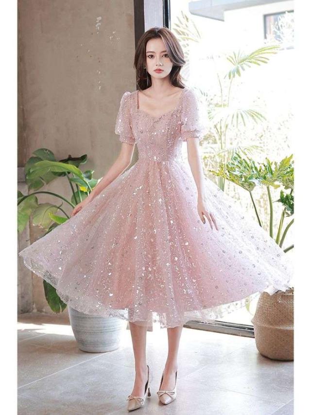 イブニングドレス女性2024新品宴会気質安い普段着ることができる誕生日パーティースカートショートピンク_3