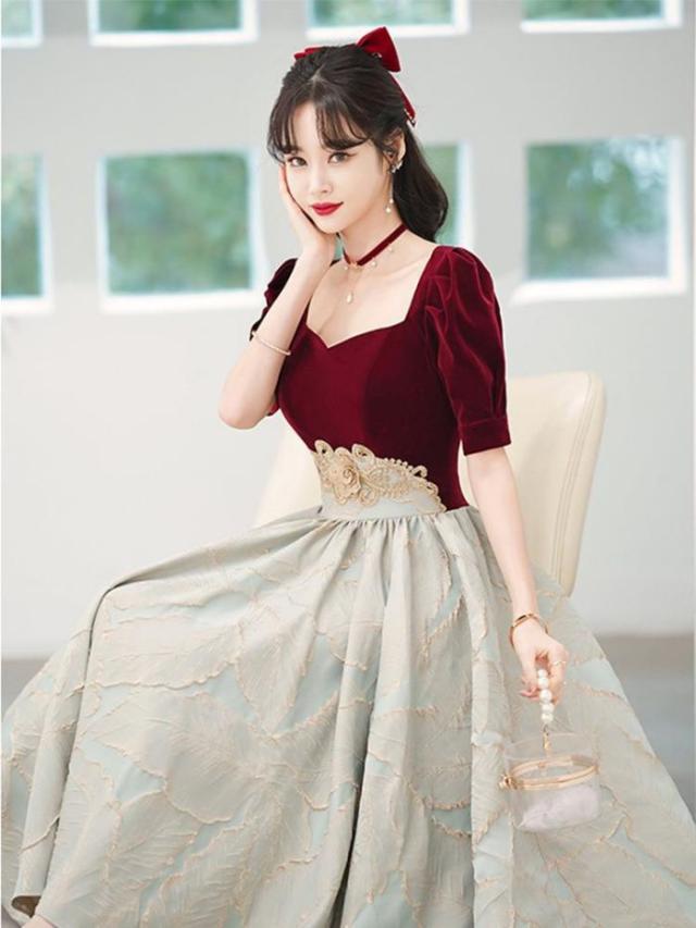 キャバドレスイブニングドレスレディースレッドグレーシンプルイブニングドレスエレガント人気成人式誕生日パーティー_3