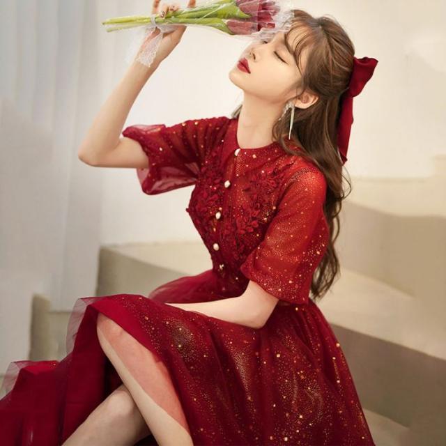 2024新品夏秋ワインレッドスパンコール気質スリム誕生日会成人式エレガントドレスワンピース
