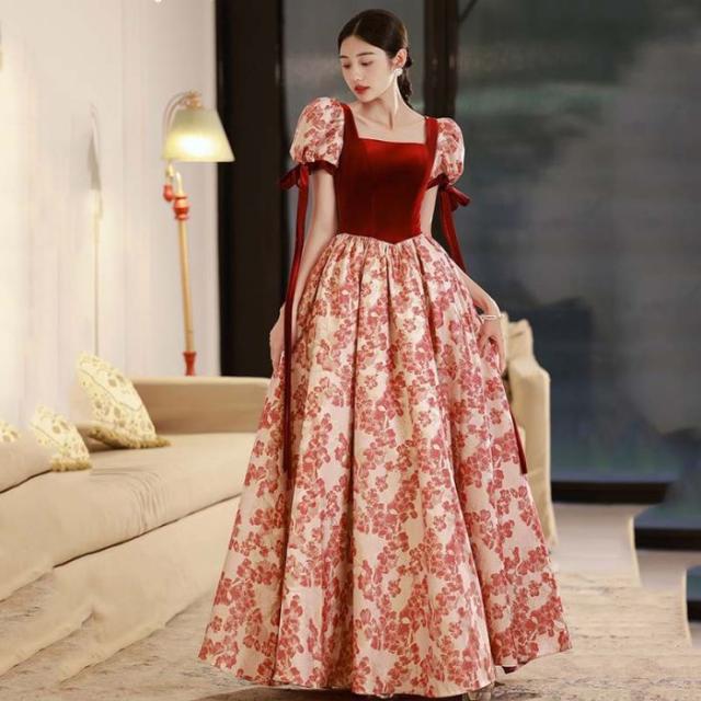 フレンチ赤いロングイブニングドレス春夏新商品花柄ドレスパフ袖レディースドレス