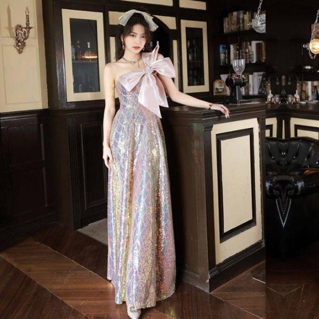 2024新品パーティー成人式忘年会イブニングドレスワンピースロングスリムスリムピンクリボンショードレス