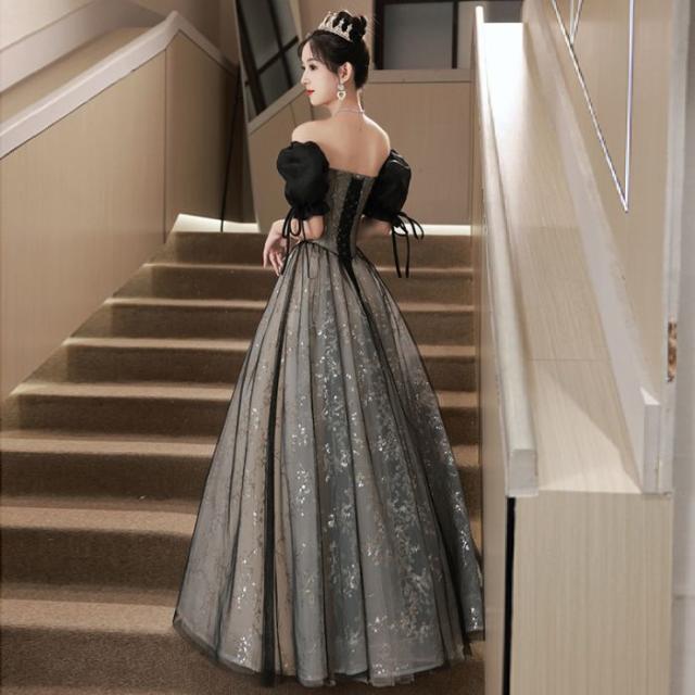 ワンショルダーイブニングドレス2024お洒落冬フランスブラックヘプバーン風軽贅沢感誕生日会演奏会プリンセスドレス ワンショルダーイブニングドレス2024お洒落冬フランスブラック