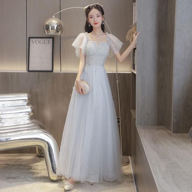 フランス式イブニングドレス学生シルバーグレーショードレス成人式プリンセスドレスロングドレス