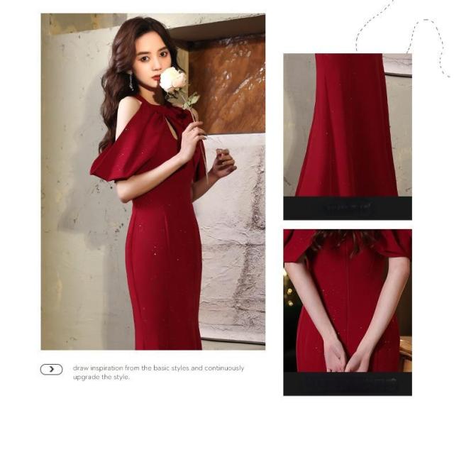 シンプルな赤いドレスワインレッドスリムセクシーなドレス新商品？生日