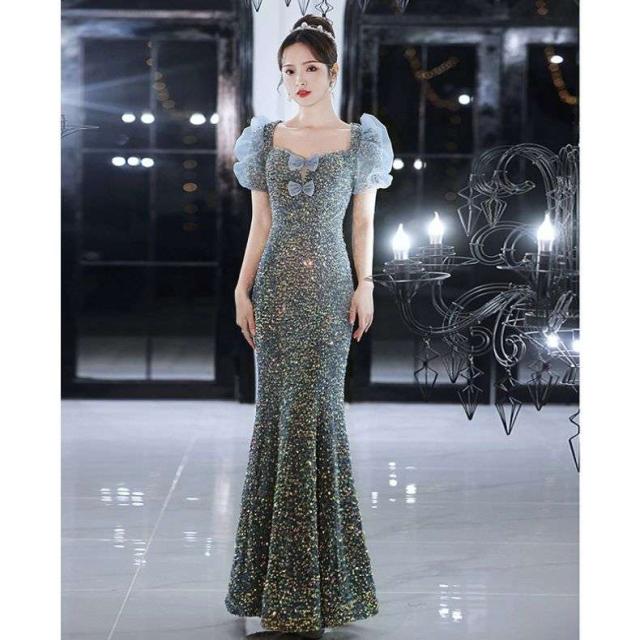 フランスのイブニングドレスワンピーススパンコールフィッシュテールワンピースファッショングレーエレガントなイブニングドレス20代30代