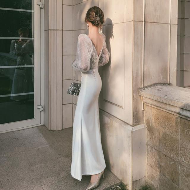 マーメイドラインドレス忘年会イブニングドレスフィッシュテール2024新作パーティードレススカート宴会気質セレブ白ロングワンピース マーメイドラインドレス忘年会イブニングドレスフィッシュテール2024