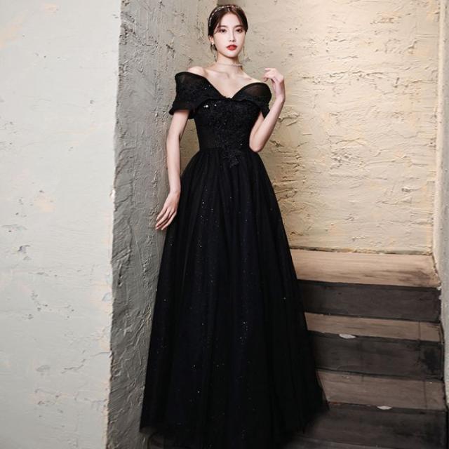 黒のイブニングドレススカート高級感宴会ハイエンド気品ニッチ一肩女秋パーティーの通販は 8,299円