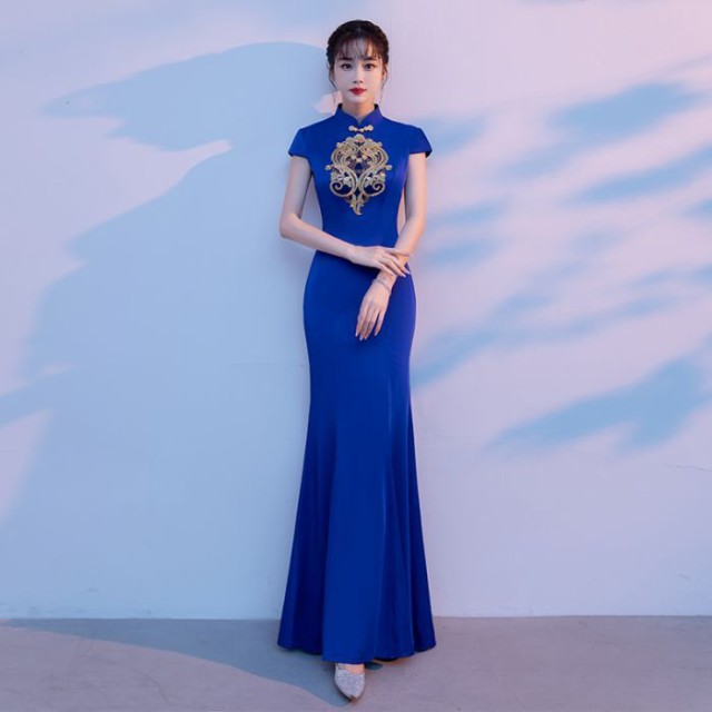 チャイナドレス チャイナ服 ロングドレス 大人っぽい お洒落 披露宴ドレス 演奏会 結婚式 パーティー 誕生日会 成人式 二次会 大人気 新作品 ブルー 刺?柄 マーメイドラインドレスの通販は