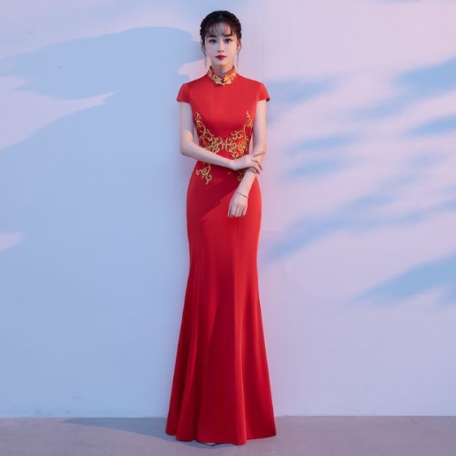チャイナドレス チャイナ服 ロングドレス 大人っぽい お洒落 披露宴ドレス 演奏会 結婚式 パーティー 誕生日会 成人式 二次会 大人気 新作品 レッド 刺?柄 マーメイドラインドレスの通販は