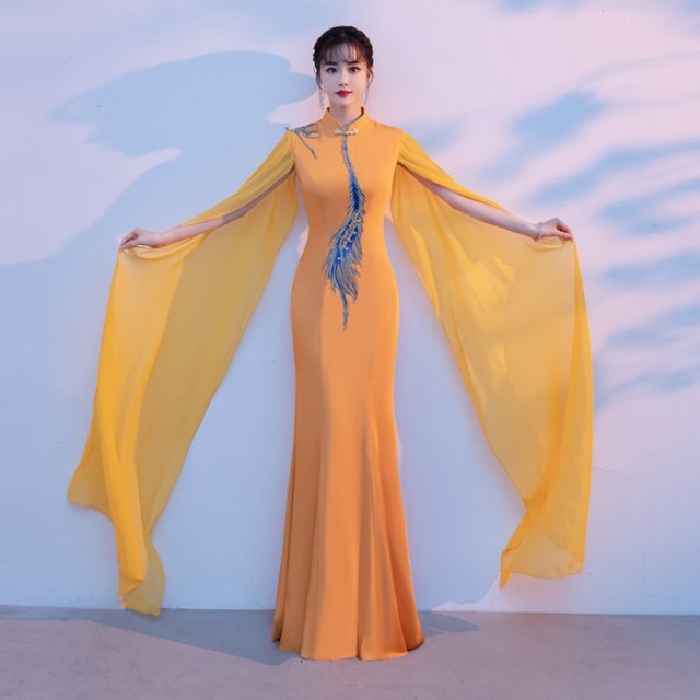 チャイナドレス チャイナ服 ロングドレス 大人っぽい お洒落 披露宴ドレス 演奏会 結婚式 パーティー 誕生日会 成人式 二次会 大人気 新作品 マーメイドラインドレス 上品 中国風 イエローの通販は