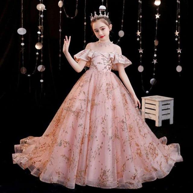 キッズドレス 子供ドレス dress ロングドレス 女の子 発表会ドレス プリンセスドレス ジュニアドレス 子供服 花嫁 パーティードレス お姫様ドレス フォーマル ワンピース 結婚式 二次会 撮影用 演出 七五三 演奏会 ピンク キラキラ 