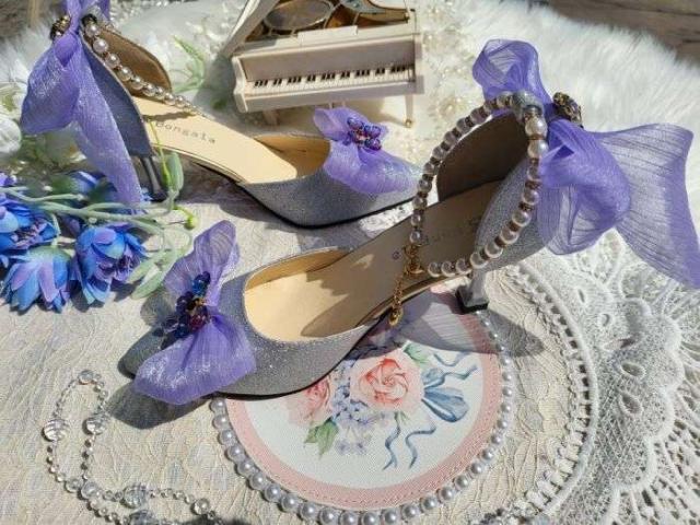 アンクルストラップ パンプス サイドオープンパンプス レディース靴 7cmヒール ポインテッドトゥ 花嫁  歩きやすい 動きやすい 乙女風 lolita 手作り靴 可愛い 蝶結び グレー シューズ 美脚の通販は