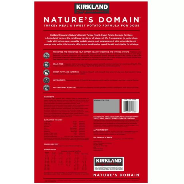 送料無料！カークランドシグネチャー 成犬・子犬用 ターキー スイートポテト15kg コストコ Kirkland Signature Natures Domain Dog Dry Food Adult &amp; Puppy 15kg Turkey Potato_1