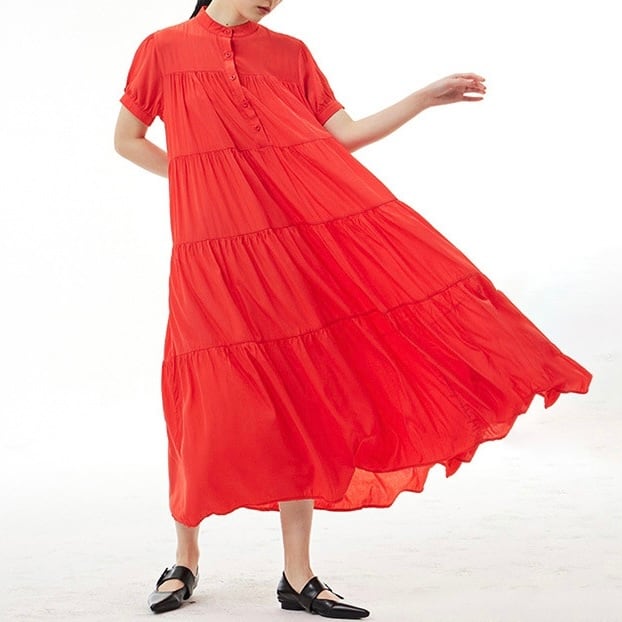 ワンピース ワントーン ワンカラー 無地 半袖 袖あり プリーツ フレア スカート 切り替え 二の腕カバー お腹カバー ゆったり オーバーサイズ ビッグシルエット 赤 緑 黒 レッド ブラック