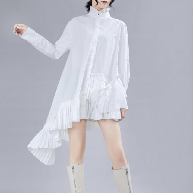 ワンピース シャツ シャツワンピース 袖あり 長袖 ハイネック シフォン フリル 綿 かわいい カジュアル おしゃれ エスニック 無地 春 秋 10代 20代 レディース デート お出かけ 女子会