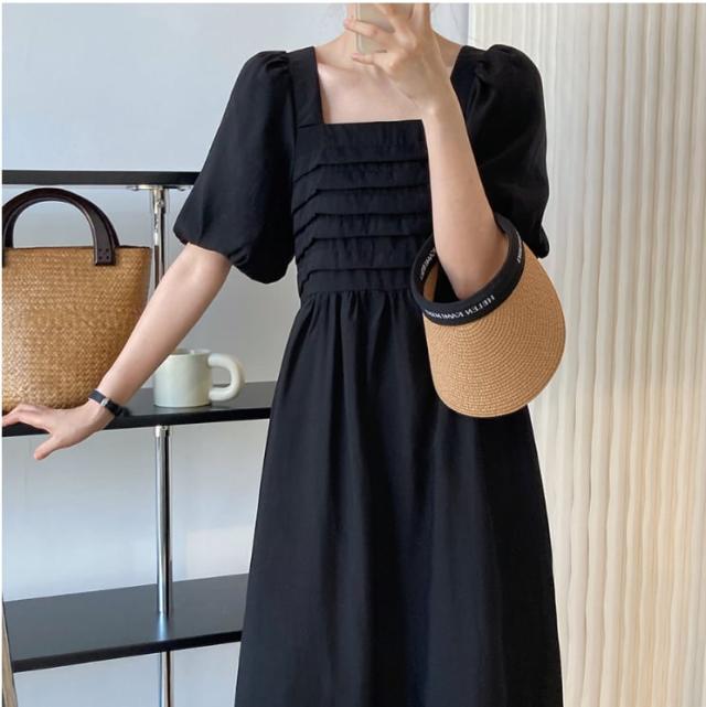 ワンピース 上着 人気 おすすめ おしゃれ お洒落 激安 安い 送料無料 プチプラ 半袖 スクエアネック ふわふわ パフスリーブ ふんわり Aライン 無地 テンセル 可愛い かわいい 韓国 シンプル