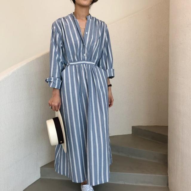 ワンピース ミドル丈 袖あり 長袖 Aライン ウエストマーク かわいい 大人可愛い シンプル カジュアル 大人 上品 おしゃれ かっこいい レトロ 大人女子 ラフ ストライプ 春 秋 10代 20代 30代の通販は 5,226円