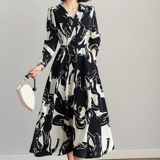 ワンピース 上着 人気 おすすめ おしゃれ お洒落 激安 安い 送料無料 プチプラ 長袖 ロング Vネック Aライン ロングスカート ウエスト 柄 花柄 プリント ふんわり 可愛い かわいい 韓国