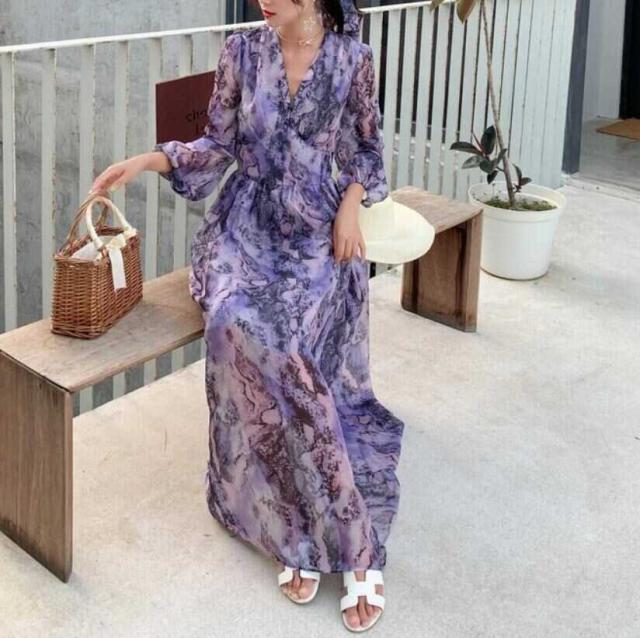 ワンピース 上着 人気 おすすめ おしゃれ お洒落 激安 安い 送料無料 プチプラ 長袖 ロング Vネック ウエスト マキシ ロングスカート フレア 柄 透け プリント リボン 春 スプリング サマー