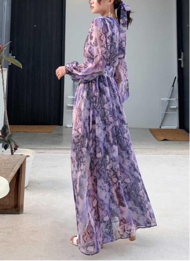 ワンピース 上着 人気 おすすめ おしゃれ お洒落 激安 安い 送料無料 プチプラ 長袖 ロング Vネック ウエスト マキシ ロングスカート フレア 柄 透け プリント リボン 春 スプリング サマー