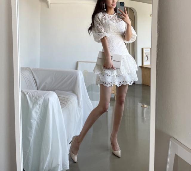 ワンピース ミニ丈ワンピ レース 肌見せ ノーカラー ワンピ 爽やか