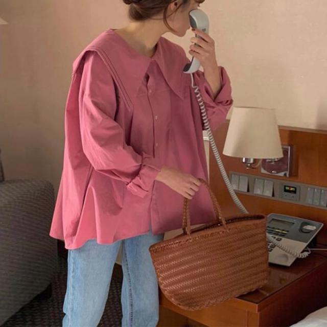 トップス ブラウス カットソー 袖あり 長袖 襟付き かわいい 大人可愛い きれいめ シンプル カジュアル おしゃれ 無地 春 夏 秋 10代 20代 30代 40代 オフィス OL 通勤 学生 通学 お出かけ