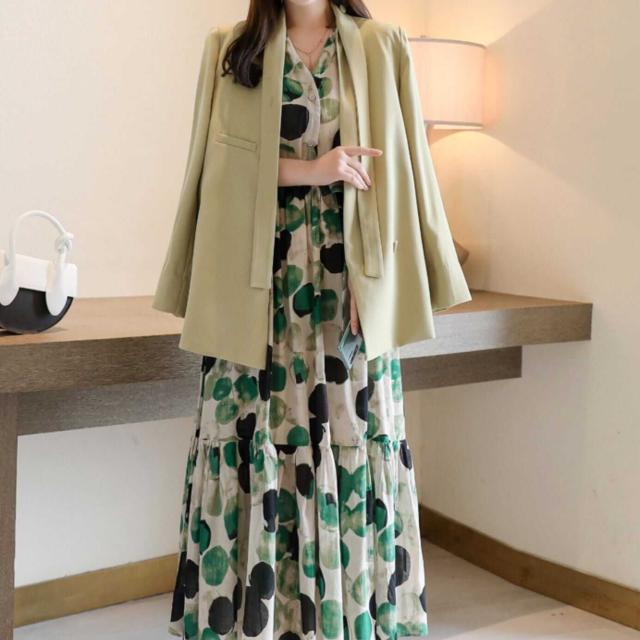 ワンピース 上着 人気 おすすめ おしゃれ お洒落 激安 安い 送料無料 プチプラ セットアップ 長袖 ロング Vネック ふんわり Aライン 柄 リボン ポリエステル 可愛い かわいい 韓国 きれいめ