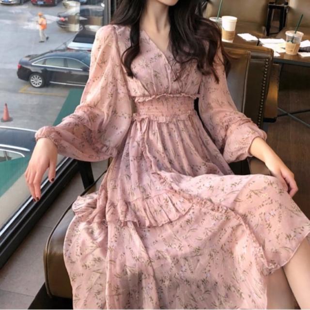 ワンピース 上着 人気 おすすめ おしゃれ お洒落 激安 安い 送料無料 プチプラ 長袖 ロング Vネック ふわふわ パフスリーブ ふんわり 柄 花柄 シフォン 可愛い かわいい 韓国 カジュアルの通販は 6,494円