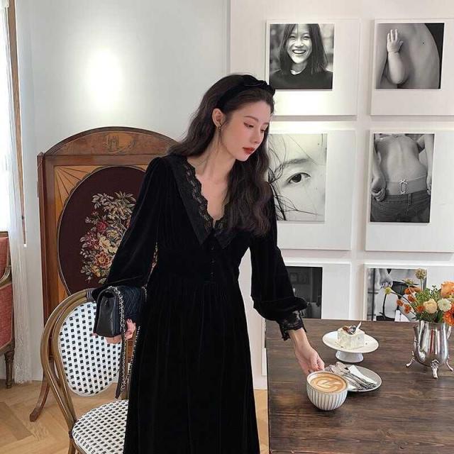 ワンピース 膝下 ミモレ丈 袖あり 長袖 Vネック Aライン レース 大人可愛い きれいめ シンプル カジュアル 大人 上品 おしゃれ レトロ 大人女子 セクシー 無地 春 夏 10代 20代 30代 40代 ワンピース 膝下 ミモレ丈 袖あり 長袖 Vネック Aライン レース 大人