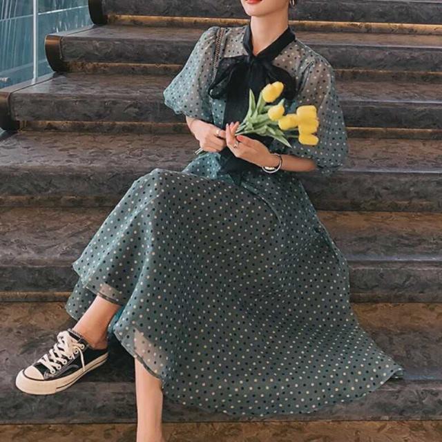 ワンピース 上着 人気 おすすめ おしゃれ お洒落 激安 安い 送料無料 プチプラ シースルー 半袖 ハイネック ふわふわ パフスリーブ ふんわり Aライン 膝丈 柄 リボン ドット 透け