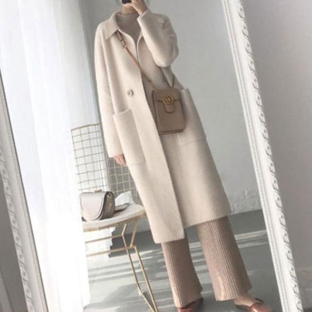 コート アウター 上着 シャギーニット チェスターコート 起毛 フワフワ オーバーサイズ 膝下丈 ミモレ丈 ロング丈 無地 ドロップショルダー 体型カバー 肌見せ 可愛い かわいい きれいめ