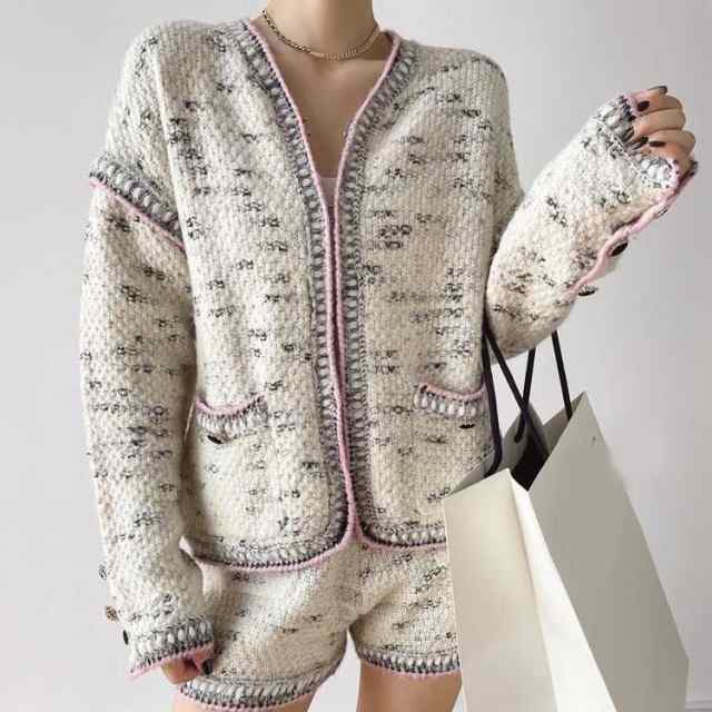 セットアップ カーディガン ジャケット アウター ショートパンツ ツイード ニット風  パイピング ショート丈 袖あり 長袖 2点セット シンプル カジュアル 大人 上品 おしゃれ かっこいいの通販は