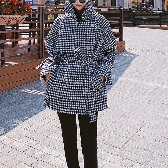 ジャケット レディース ミディアム丈 チェック マニッシュ タイト 千鳥格子 薄手 長袖  アウター ミディアム丈 オーバーサイズ 韓国風 軽い 軽量 フード付き 冬服 厚手 アウター  暖かいの通販は
