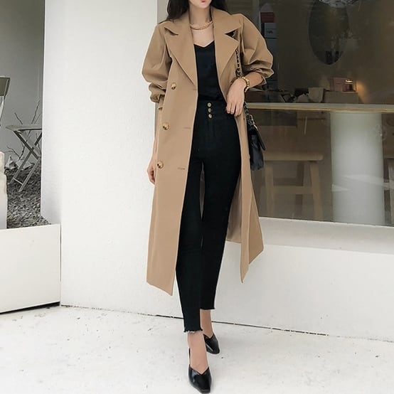 コート アウター ロング トレンチ スクエアバックル ベルト モノトーン