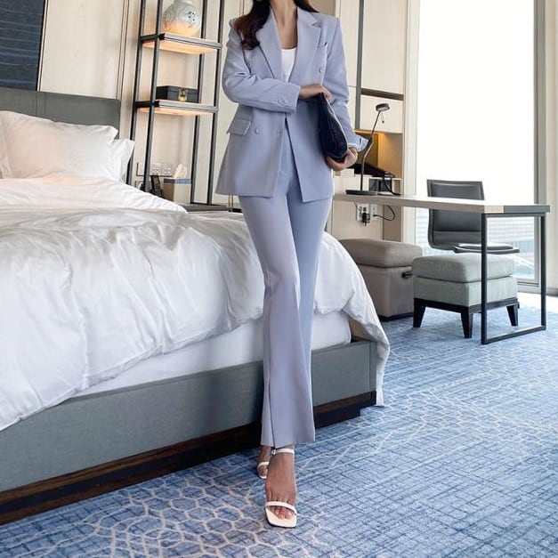 セットアップ スーツ パンツ ボトムス ジャケット ダブルブレスト くすみカラー 長袖 ロング アンクル丈 センタープレス ハイウエスト セミフレア ストレート 襟付き Vネック レトロの通販は