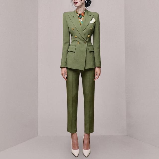 セットアップ ジャケット 上着 スーツ ロング ロング丈 袖あり 長袖 スラックス ボタン装飾 ヴィンテージ風 センタープレス スリム アンクルパンツ タイト 上下セット 2点セット