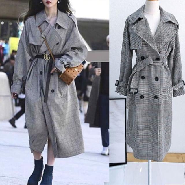 レディース コート アウター 美シルエット ロング丈 トレンチコート チェック 格子柄 グレンチェック ベルト付き 韓国 インスタ映え 高見え オルチャン 可愛い かわいい かっこいいの通販は 7,618円