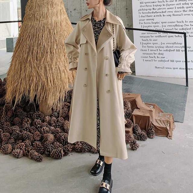 アウター 上着 コート トレンチコート ロングコート Ａライン オーバーサイズ 膝下丈 ミモレ丈 ロング丈 フレア 無地 襟付き ダブルブレスト 配色切替 体型カバー スタイルアップ 可愛いの通販は