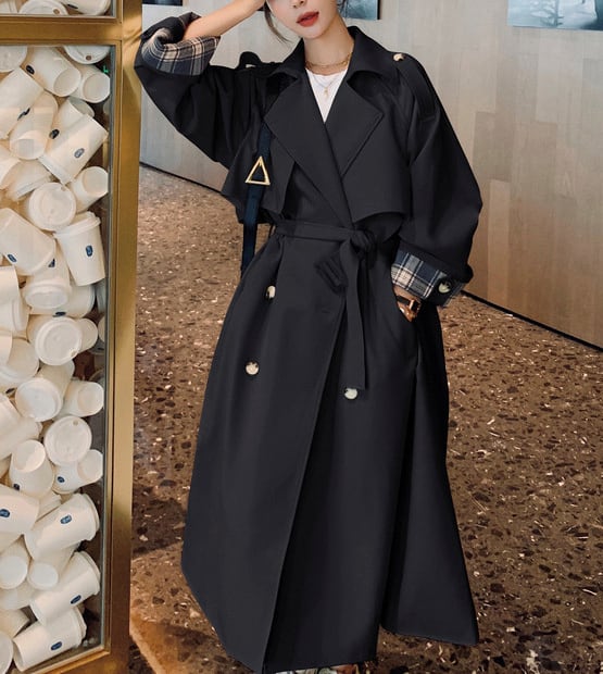 アウター 上着 コート トレンチコート ロングコート Aライン オーバーサイズ 膝下丈 ミモレ丈 ロング丈 チェック 格子柄 フレア 無地 襟付き ダブルブレスト 体型カバー スタイルアップ