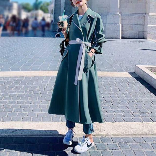 アウター 上着 コート ラップコート ロングコート Ａライン 膝下丈 ミモレ丈 ロング丈 フレア 無地 襟付き パイピング 体型カバー スタイルアップ 可愛い かわいい きれいめ 大人 上品 7,880円