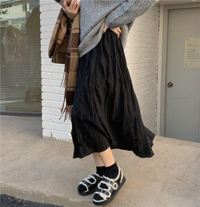 スカート ボトムス ミモレ丈 フレア プリーツ 無地 しわ加工 モノトーン クリンクルプリーツ ニュアンスカラー バイカラー ウエストゴム ボリューム モード ハイウエスト ワイド ゆったりの通販は 5,016円