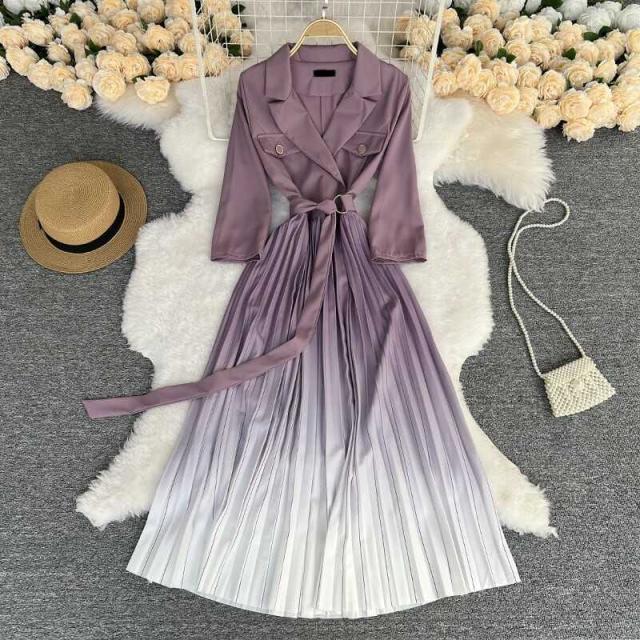 ワンピース 上着 人気 おすすめ おしゃれ お洒落 激安 安い 送料無料 プチプラ シャツ 長袖 ロング プリーツ ベルト グラデーション オープンカラー 開襟 Vネック ポリエステル 可愛い